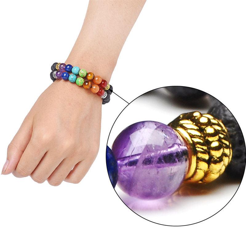 Perlen-Armband aus Lavastein mit 7 farbigen Chakra Naturstein Perlen