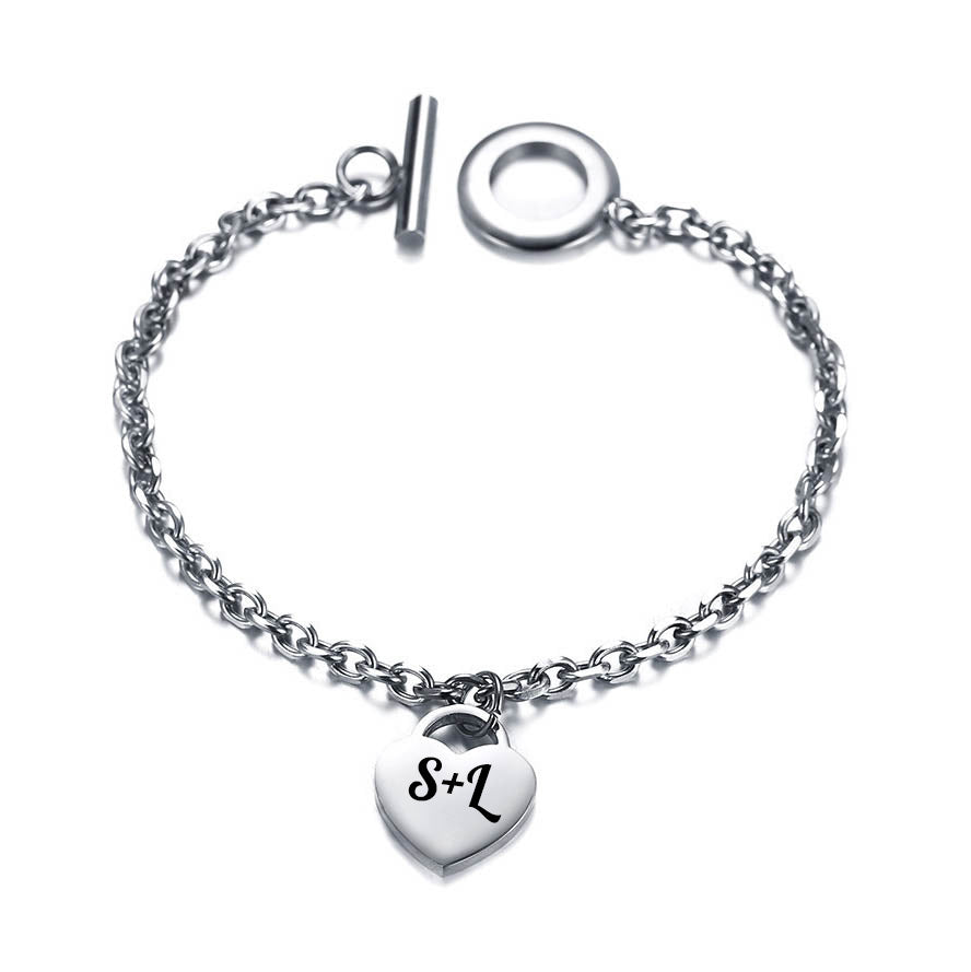 Armkette "Love" aus Edelstahl, Silber, mit Herz Anhänger,  Gravur der Initialen, Herzförmiger Anhänger, Gravur