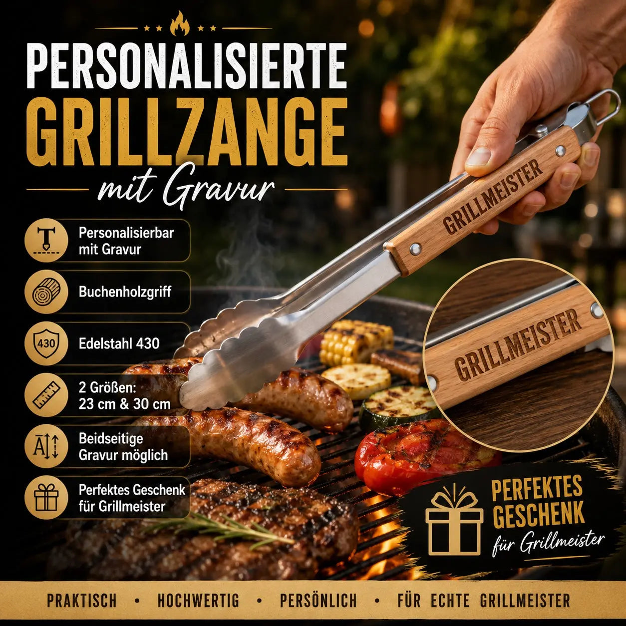 Grillzange personalisiert mit Gravur. Edelstahl, Holzgriff individuell – für Männer am Grill