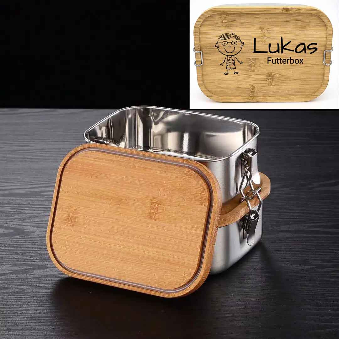 Personalisierte Brotdose / Lunchbox mit Gravur aus Edelstahl mit Bambusdeckel