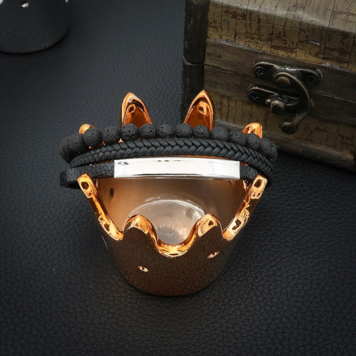 Armband Personalisierte Gravur "Leather & Stone" mit kostenloser Gravur Name oder Spruch - 19cm / Schwarz