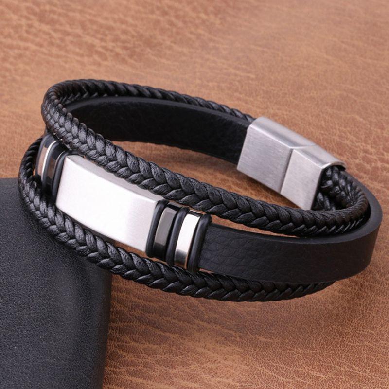 Leather stainless hot sale steel bracelet